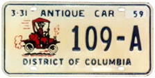 First-issue Antique Car plate no. 109-A validated with a 1958 tab