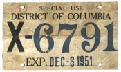 1951 Special Use temporary plate no. X-6791